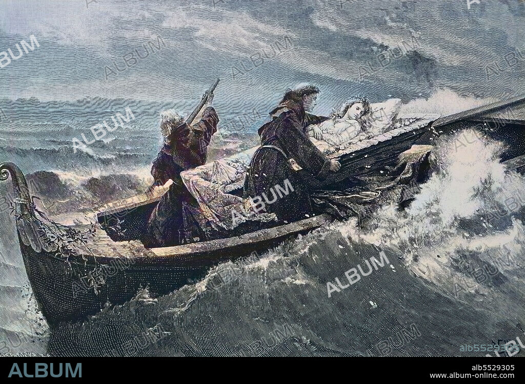 Monks bring the body of a young woman by boat across the stormy sea to the monastery cemetery, Historisch, historical, digital improved reproduction of an original from the 19th century, colored.