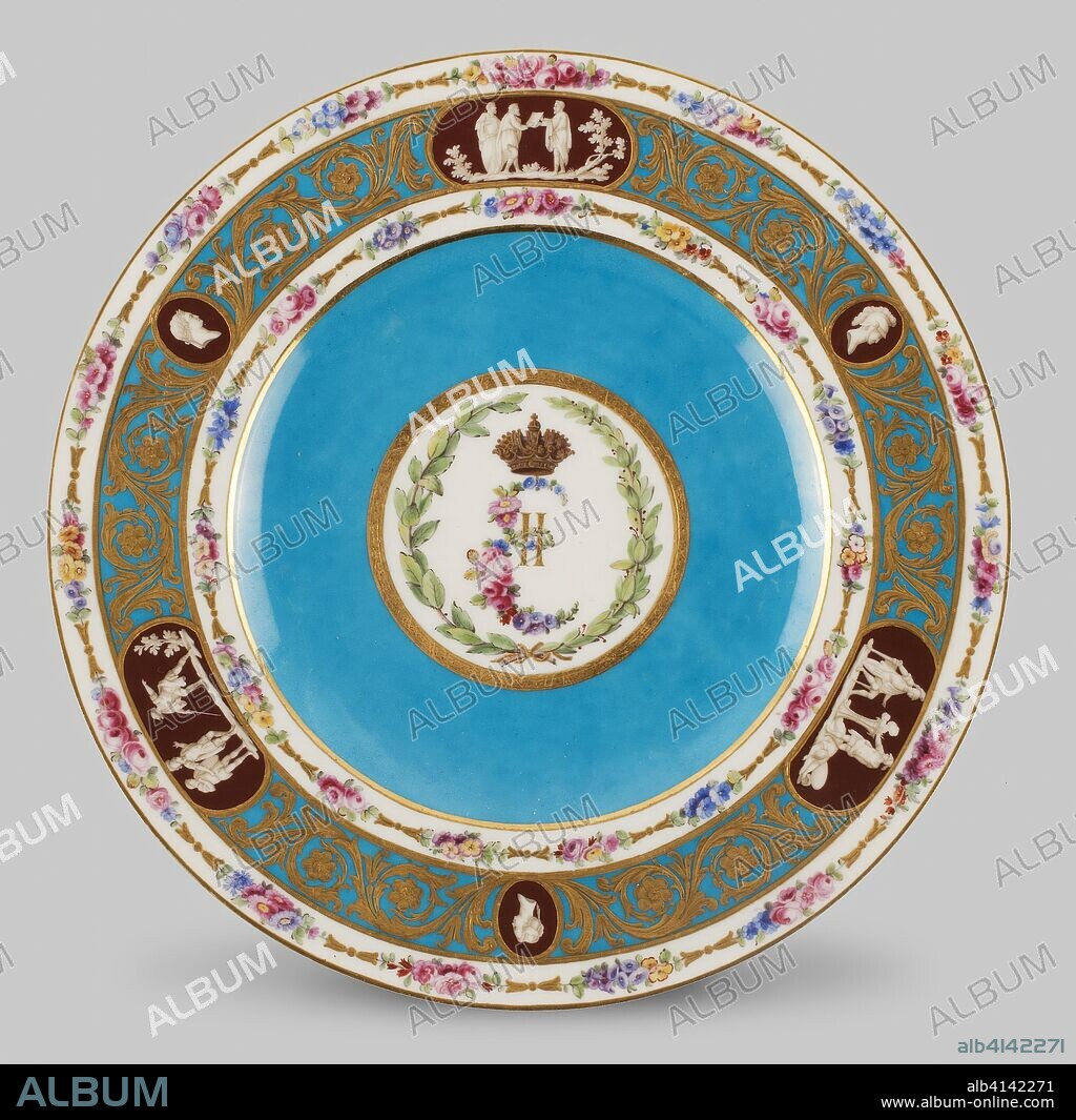 MANUFACTURE NATIONALE DE SEVRES. Plate. Sèvres Porcelain Manufactory; French, founded 1740; Painted by Edmé-François Bouilliat (French, 1758-1810) and Pierre-Antoine Méreaud (French, active 1754-1791); Gilded by Etienne-Henry Le Guay (French, active 1748-1749 and 1751-1796) and Philippe Castel (French, active 1771-1797). Date: 1778. Dimensions: Diam. 26 cm (10 1/4 in.). Soft-paste porcelain, turquoise-blue ground, polychrome enamels, and gilding. Origin: Sèvres.