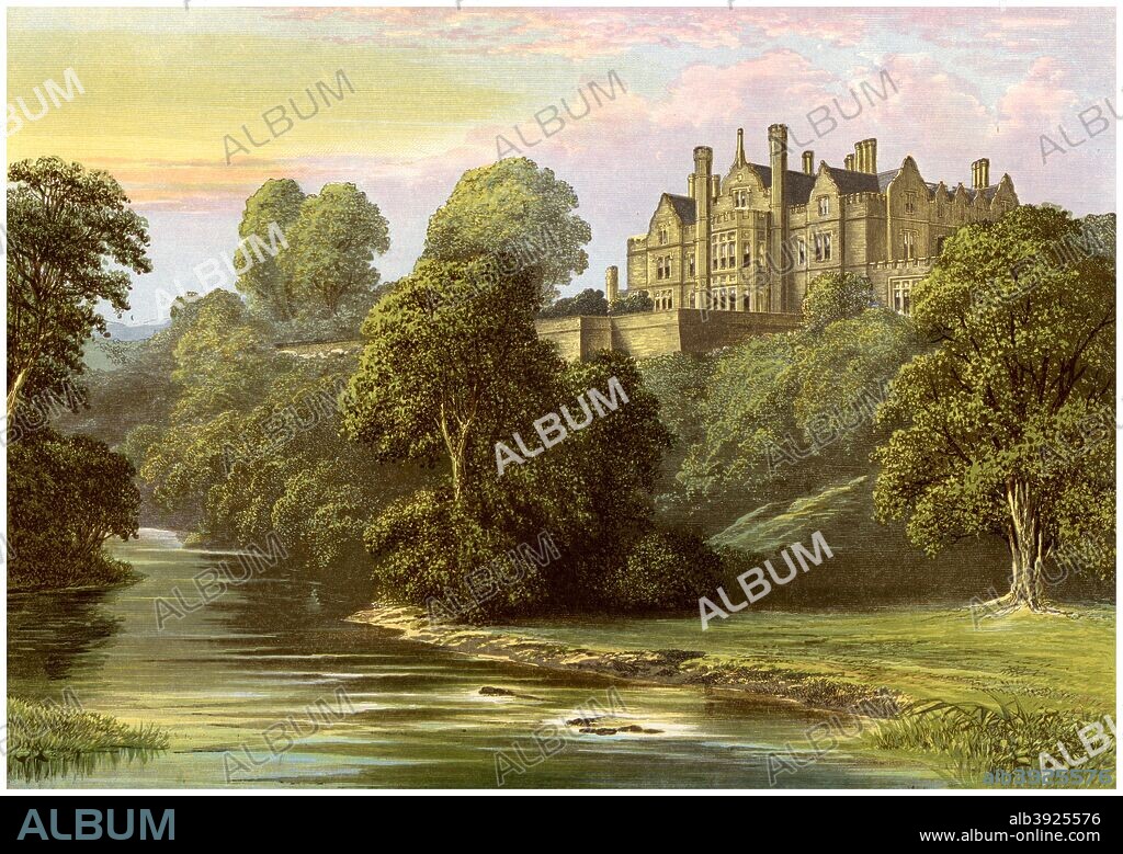 Lilburn Tower, Northumberland, home of the Collingwood family, c1880. The house was designed by John Dobson in Elizabethan style and built between 1828 and 1842. A print from A Series of Picturesque Views of Seats of the Noblemen and Gentlemen of Great Britain and Ireland, edited by Reverend FO Morris, Volume VI, William Mackenzie, London, c1880. Wood-engraved plates after paintings by Benjamin Fawcett and Alexander Francis Lydon.