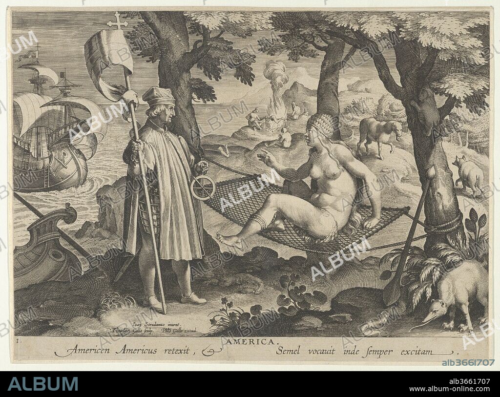 New Inventions of Modern Times [Nova Reperta], The Discovery of America, plate 1. Artist: After Jan van der Straet, called Stradanus (Netherlandish, Bruges 1523-1605 Florence); Theodoor Galle (Netherlandish, Antwerp 1571-1633 Antwerp). Dimensions: sheet: 10 5/8 x 7 7/8 in. (27 x 20 cm). Publisher: Philips Galle (Netherlandish, Haarlem 1537-1612 Antwerp). Date: ca. 1600.
First plate from a print series entitled Nova Reperta (New Inventions of Modern Times) consisting of a title page and 19 plates, engraved by Jan Collaert I, after Jan van der Straet, called Stradanus, and published by Philips Galle. Illustration of a sailor (Vespucci) coming to shore and discovering America. He encounters a native woman seated in a hammock. In the background different figures are seated on the ground; a woman roasts a human leg on a wood-burning fire. In the middle ground on the right a horse and a bear approach one another. In the foreground on the right an anteater searches for food. On the left a ship rocks in the ocean and another is pushed up against the shore.