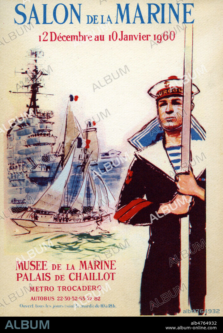 Carte postale publicitaire pour le Salon de la Marine de 1960, au Musee de la Marine (Palais de Chaillot, Paris). Illustration par A. BRENET (ADAGP). Credit : Collection IM/KHARBINE-TAPABOR.