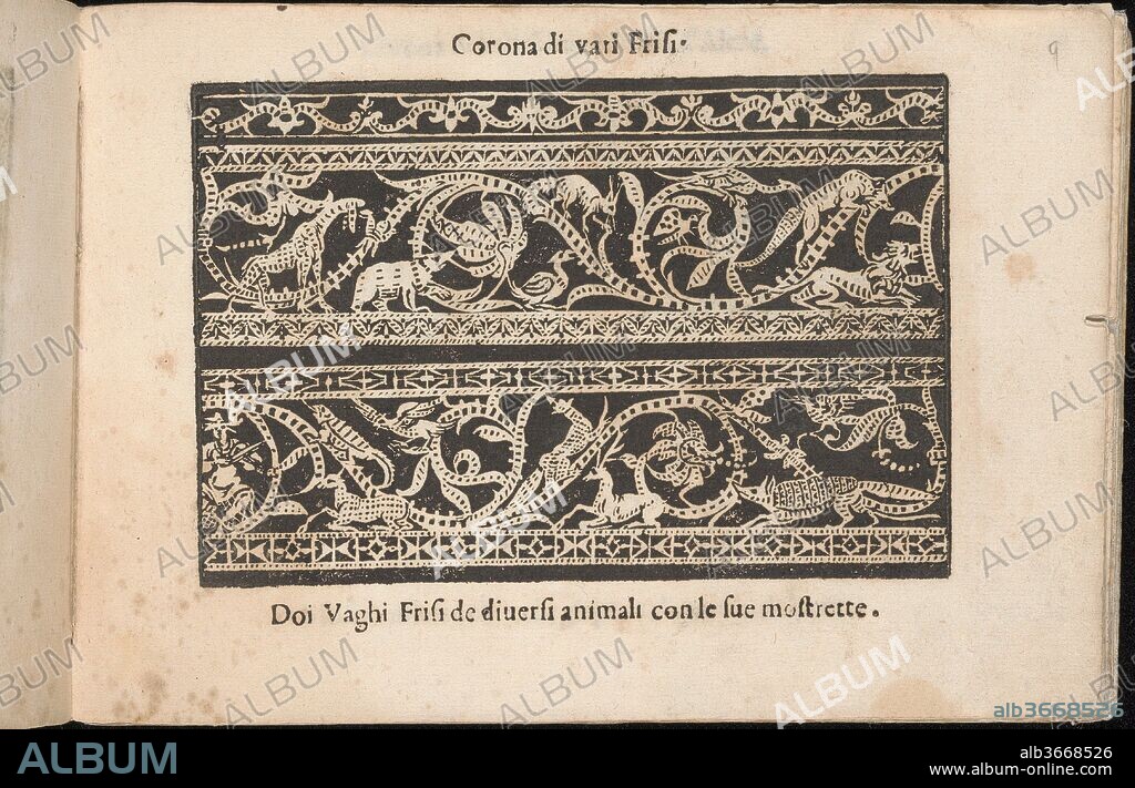 Corona delle Nobile et Virtuose Donne, Libro Terzo, page 9 (recto). Designer: Cesare Vecellio (Italian, Pieve di Cadore 1521-1601 Venice) , Venice. Dimensions: Overall: 5 1/2 x 7 11/16 in. (14 x 19.5 cm). Publisher: Alessandro de' Vecchi (Italian, active Venice, 1570-1629) , Venice. Date: 1620.
Designed by Cesare Vecellio, Italian, Pieve di Cadore 1521-1601 Venice, Venice, published by Alessandro de' Vecchi, Italian, active 17th century, Venice.
From top to bottom, and left to right:
Design composed of 3 horizontal registers. Top register is decorated with a pattern of flowers with curving striped stems. Middle register is decorated with coiling vines of leaves and flowers, which various animals like a dog, squirrel, fox, and a lion climb. Bottom register is decorated with coiling vines of leaves and flowers; at the left side sits Orpheus who serenades animals like deer, birds, foxes, and an iguana, which advance toward him.