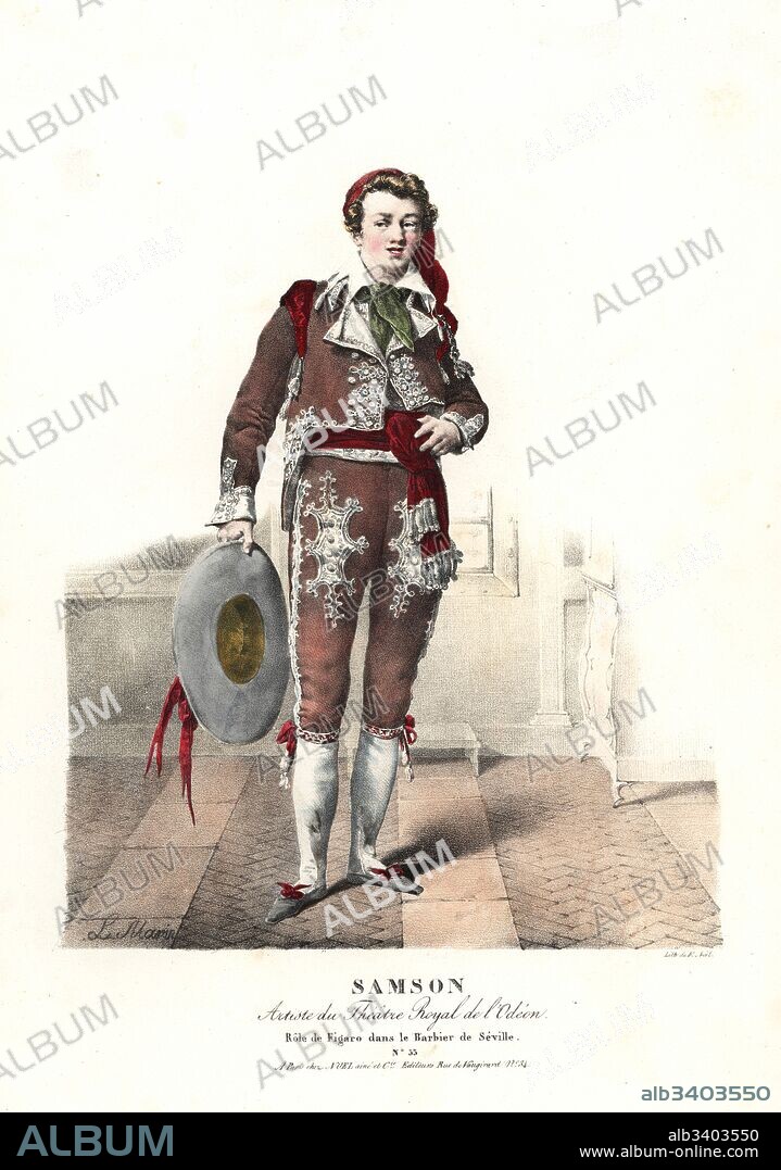 French actor Joseph-Isidore Samson as the barber Figaro in the opera Le Barbier de Seville by Gioachino Rossini, Theatre Royal de l'Odeon, 1823. Handcoloured lithograph by F. Noel after an illustration by Lavigne Marin from Portraits d'Acteurs et d'Actrices dans different roles, F. Noel, Paris, 1825.