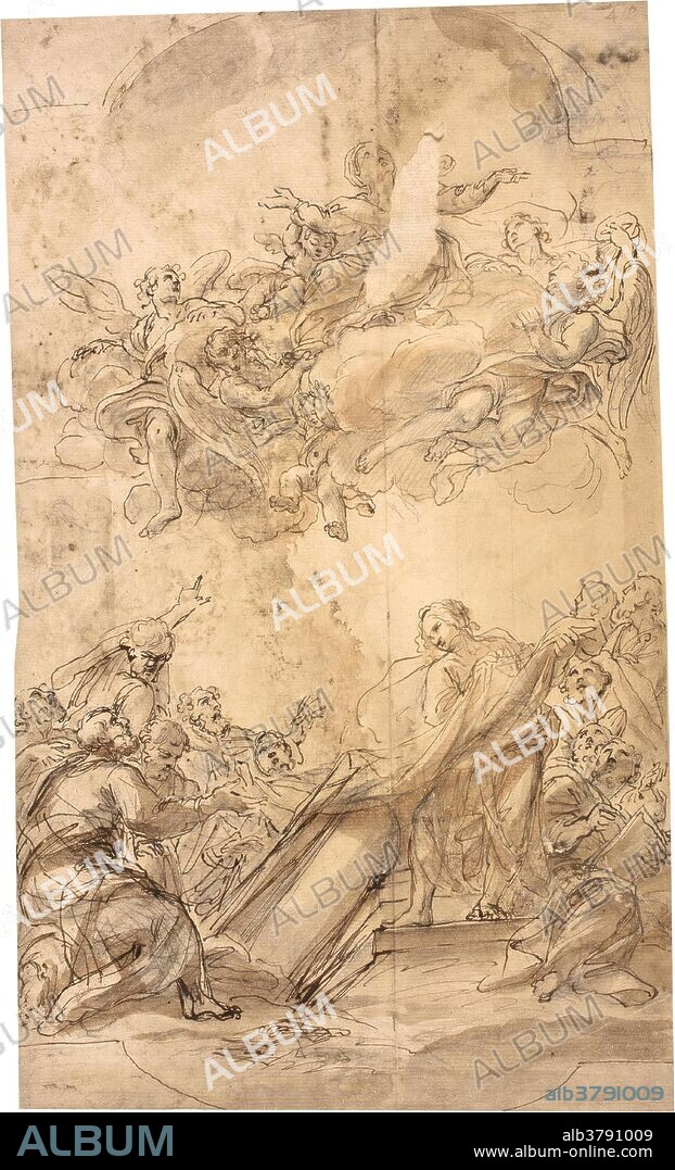 Agostino Masucci / 'La Asunción de la Virgen / Estudios de ángeles'. Primer cuarto del siglo XVIII. Aguada parda, Pluma, Trazos de lápiz sobre papel agarbanzado, 421 x 250 mm.
