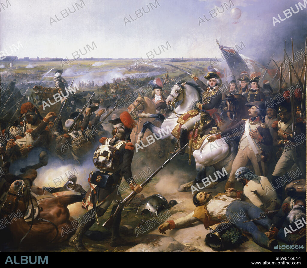 JEAN-BAPTISTE MAUZAISSE. 'Battle of Fleurus', 16 June 1794 (19th century). Marshal Jean Baptiste Jourdan (1762-1833), mounted on the grey horse, commanding the French army to victory against the Austrians. This was the first battle in which a hot air balloon (Montgolfier) was used by the French as a reconnaissance platform. The balloon is visible in the top right corner of the painting.