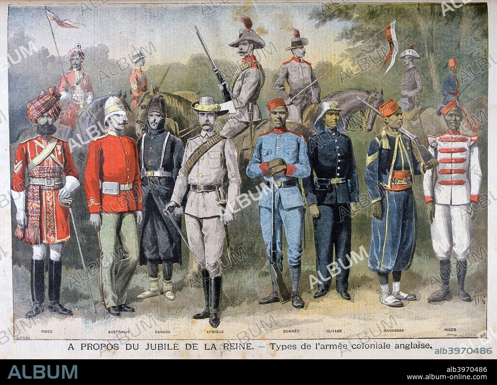 Military uniforms of the British colonial army, 1897. An illustration from Le Petit Journal, 11th July 1897.