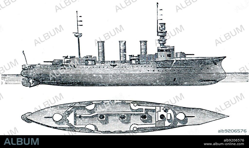 Victoria-Louise, a German armored cruiser long voyage, Class 2, 1897, 5,650 tons, 105 meters. An illustration from the encyclopedia publishers 'Education', St. Petersburg, Russian Empire, 1896.