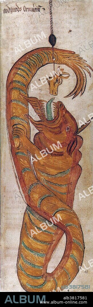 Thor goes fishing with the giant Hymir. When Hymir refuses to provide Thor with bait, Thor strikes the head off Hymir's largest ox to use as his bait. Thor then prepares a strong line and a large hook and baits it with the ox head. Jormungandr about to swallow the ox's head (as illustrated in an Icelandic manuscript dating from 1680). Thor pulls the serpent from the water, and the two face one another, Jormungandr dribbling poison and blood. Hymir goes pale with fear, and as Thor grabs his hammer to kill the serpent, the giant cuts the line, leaving the serpent to sink beneath the waves. In Norse mythology, Jormungandr is a sea serpent, the middle child of the giantess Angrbooa and the god Loki. The serpent grew so large that he was able to surround the earth and grasp his own tail. As a result, he received the name of the Midgard Serpent or World Serpent. When he lets go, the world will end. His arch-enemy is the god Thor. The serpent, or snake, is one of the oldest and most widespread mythological symbols. The word is derived from Latin serpens, a crawling animal or snake. Snakes have been associated with some of the oldest rituals known to humankind.