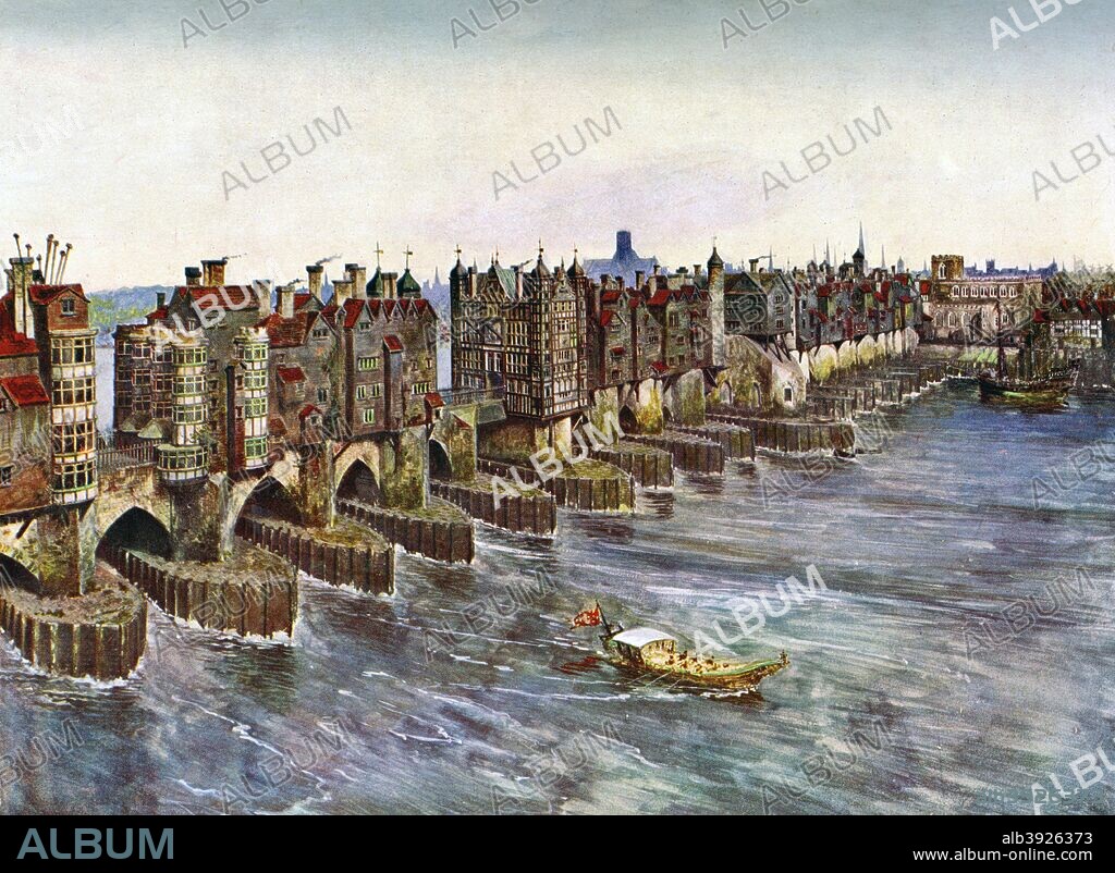 'Old London Bridge, about 1630', (c1900-1920). A print after a model constructed by John B Thorpe, from Art History and Literature Illustrations, by Jessie Noakes, Virtue and Co, (London, c1900-1920).