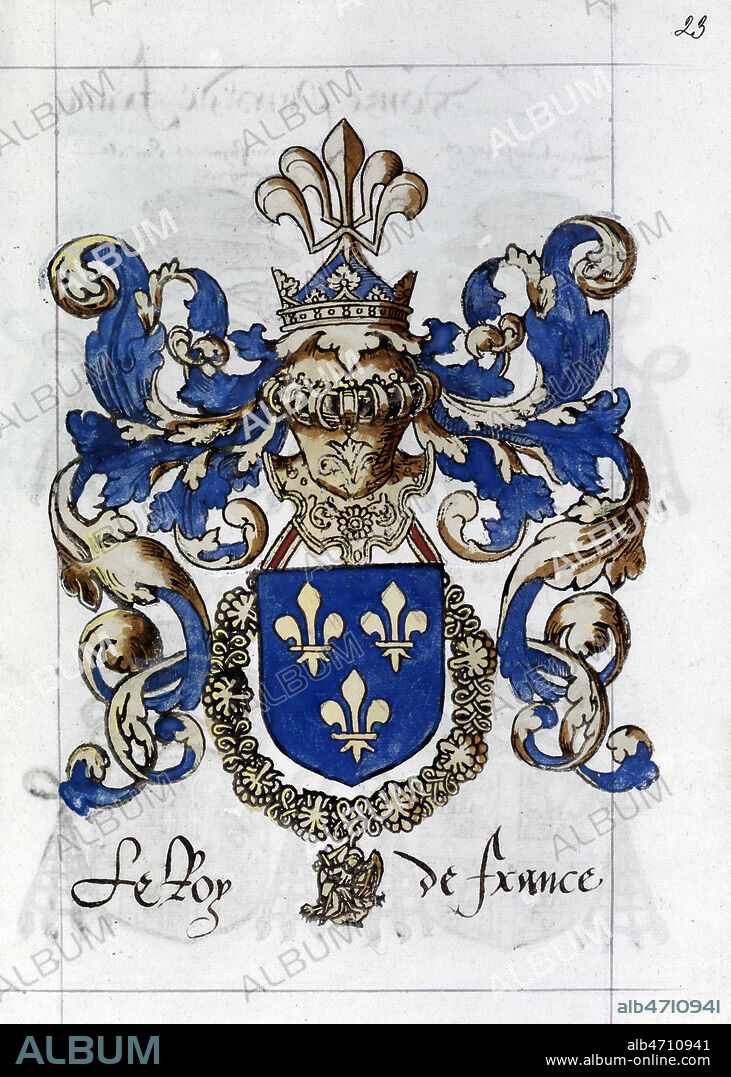 Les armes de FRANCOIS 1ER (1494-1547). Blason Bleu et or, fleurs de lys, royaute francaise. Enluminure du debut du 16eme s. (XVIe, 16e s.). Credit : Collection JEAN VIGNE / KHARBINE-TAPABOR.