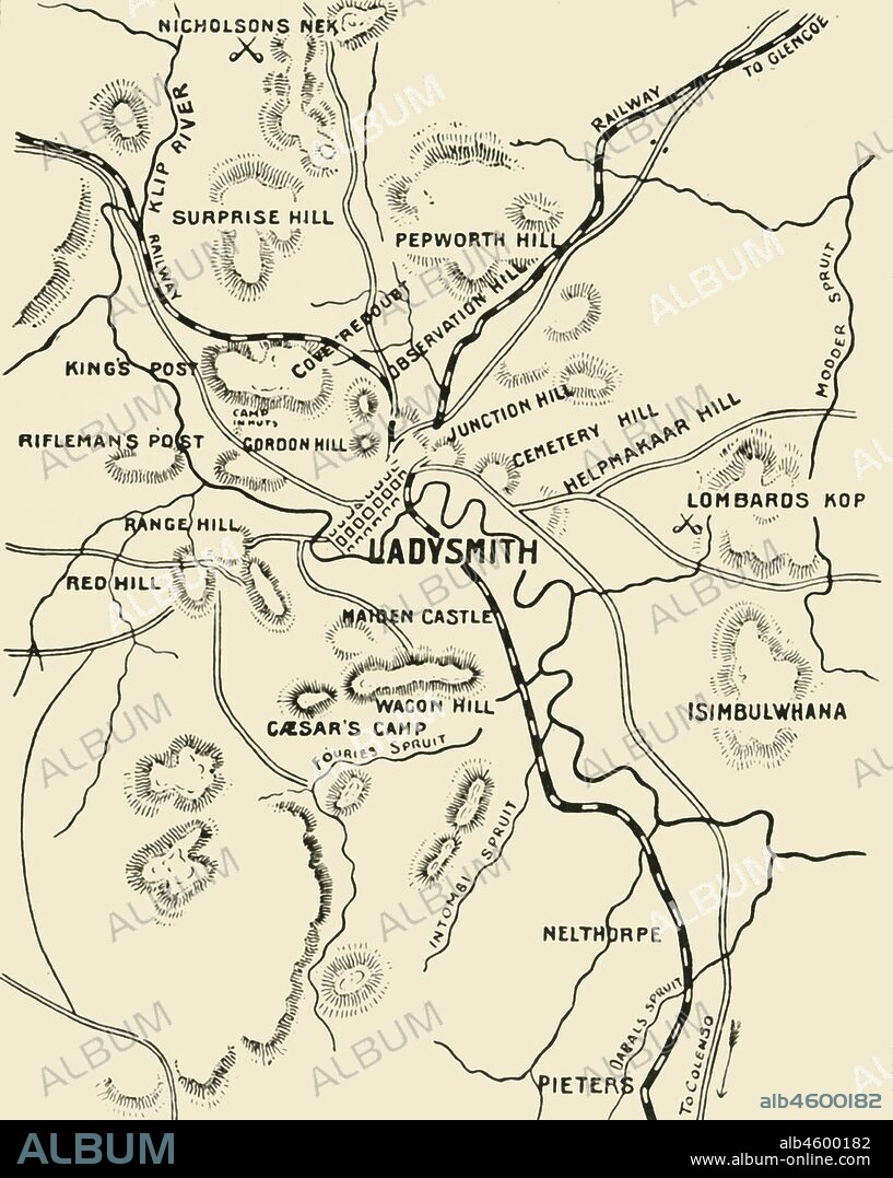 'Map of Ladysmith and Surrounding Heights', 1900. From "South Africa and the Transvaal War, Vol. II", by Louis Creswicke. [T. C. & E. C. Jack, Edinburgh, 1900].