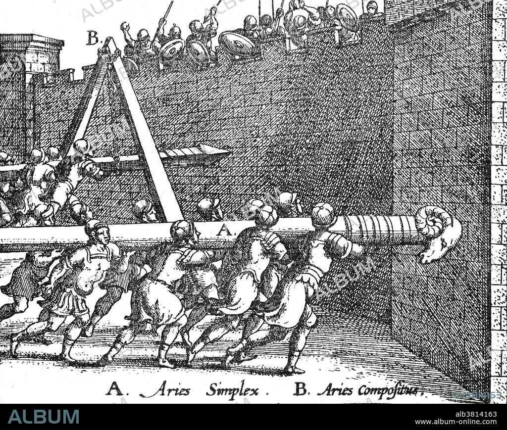 The Battering Ram is the earliest, simplest, most effective device for destroying stone walls and the ordinary defenses of fortified towns. The primitive ram was a huge beam of seasoned and tough wood, hoisted on the shoulders of men. Running with it at full speed against a wall, gate, or palisade, they did what damage they could with one charge after another. Ancient armies used two different kinds of battering ram, one type was suspended and swinging, like a pendulum, and the other moved on rollers. Battering rams had an important effect on the evolution of defensive walls, which were constructed ever more ingeniously in a bid to nullify the effects of siege engines. Historical instances of the usage of battering rams in sieges of major cities include: destruction of Jerusalem by the Romans, the Crusades,the fall of Rome and the siege of Constantinople.