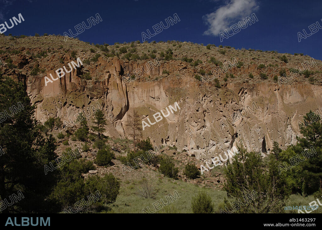 USA. Near Los Alamos. New Mexico. Bandelier National Monument. Multistory dwellings of Ancestral Pueblo People. Frijoles Canyon.