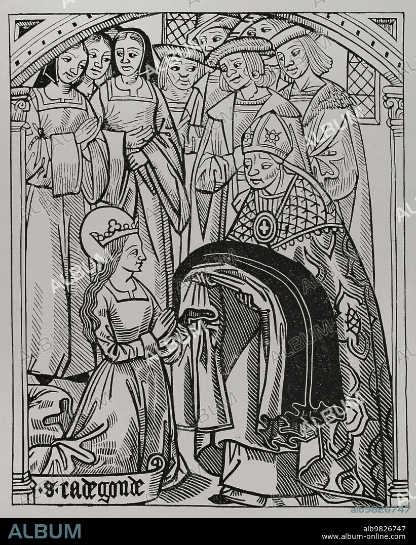 Santa Radegunda (h. 520-587). Princesa de Turingia y reina de los francos por su matrimonio con Clotario I (498-561). Radegunda recibiendo el hábito y siendo consagrada diaconisa por Medardo (456-545), obispo de Noyón, al abandonar a su esposo el rey Clotario para poder acceder a la vida religiosa. Facsímil de un grabado de "L'Histoire et chronique de Clotaire", 1513. "Vie Militaire et Religieuse au Moyen Age et à l'Epoque de la Renaissance". París, 1877.
