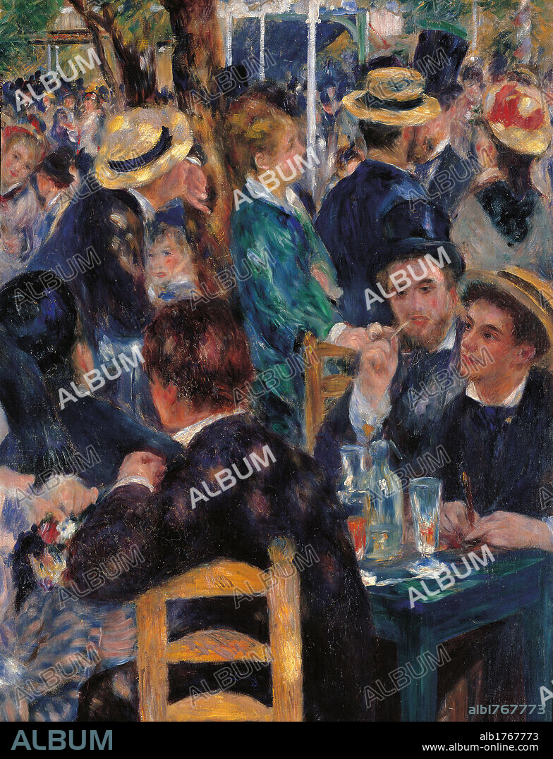 Dance at the Moulin de la Galette, by Pierre-Auguste Renoir, 1876, 19th Century, oil on canvas, cm 131 x 175. France, Ile de France, Paris, Muse dOrsay, RF 2210. Detail. Dance at Le Moulin de la Galette chair light blue azure yellow straw hat chandelier street lamp dance floor dancers.
