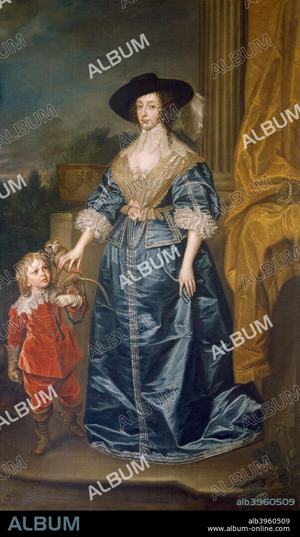 'Queen Henrietta Maria and the Dwarf Sir Jeffrey Hudson', 17th century. The third daughter of King Henry IV of France, Henrietta Maria (1609-1669) married King Charles I of England in 1625. Sir Jeffrey Hudson (1619-1682) is recorded to have been only 18 or 19 inches (46cm) tall at the age of 30, unusually with no hint of disproportion or distorted physiognomy. He is later reported to have doubled his height. In 1626 he was served in a pie to the royal couple and soon afterwards entered the service of the queen. After a life of adventures, including military service, a duel, exile, slavery, and imprisonment as a Catholic, his death is unrecorded. Painting in Marble Hill House, Richmond-upon-Thames, London.