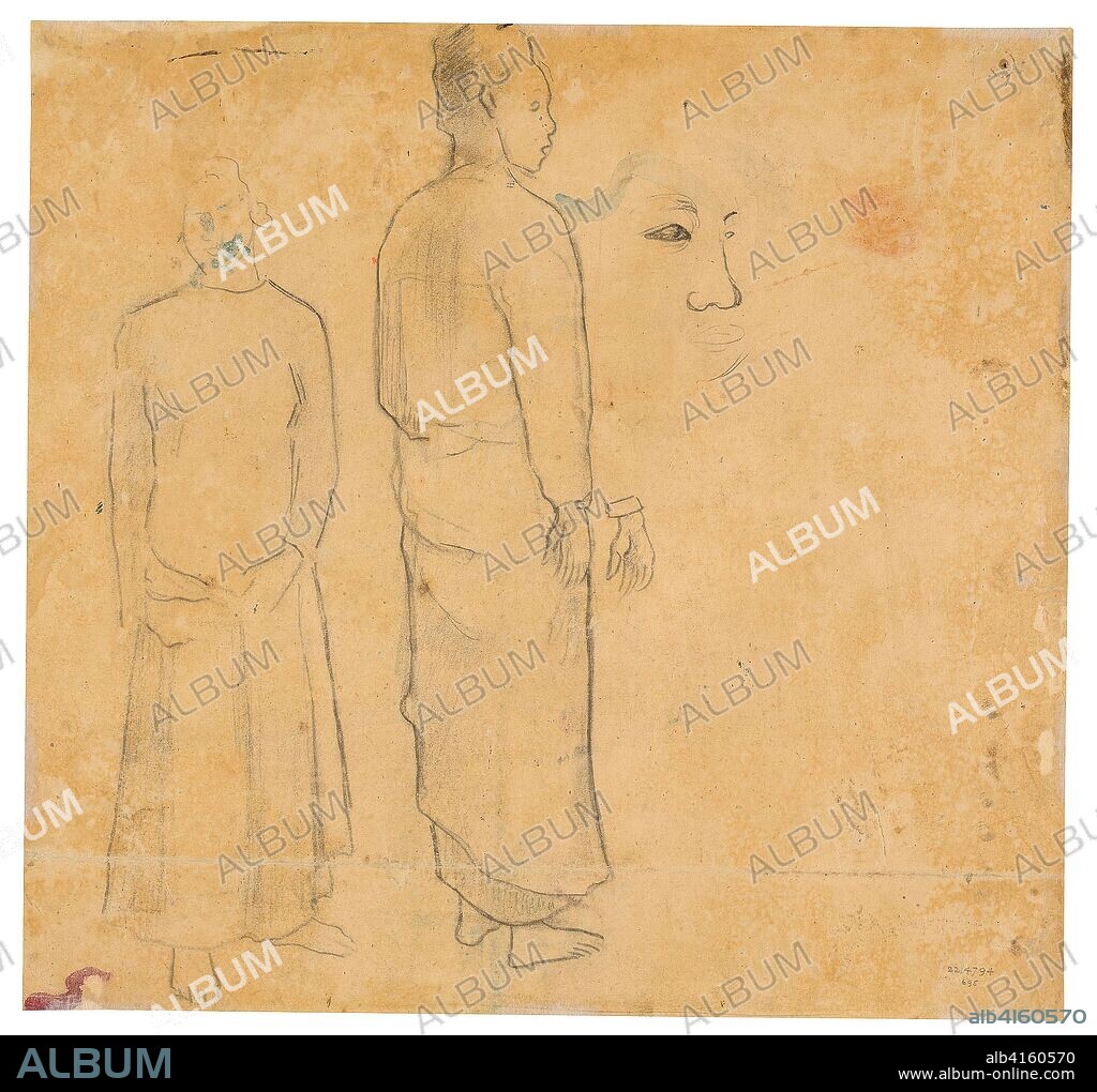 Two Figures (related to the painting Tahitian Landscape). Paul Gauguin; French, 1848-1903. Date: 1891-1893. Dimensions: 352 × 369 mm. Black chalk, with touches of watercolor and watercolor offset on cream wove paper. Origin: France.