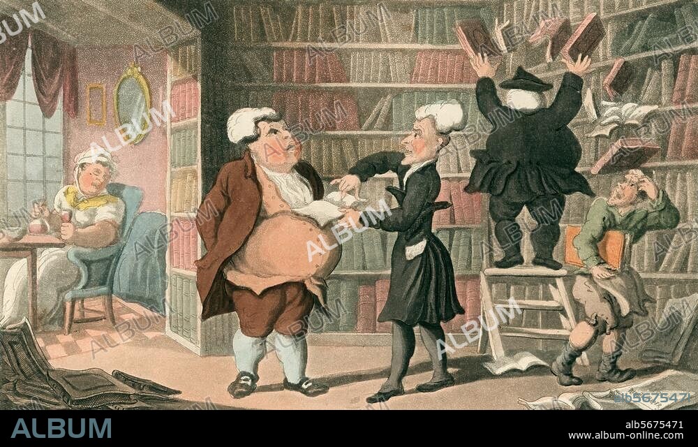 Combe, William; engl. Dichter; 1741-1823. Werke: Dr. Syntax in Search of the Picturesque (1809-11). "Dr. Syntax & bookseller". Aquatintaradierung von Thomas Rowlandson (1756-1827). 9. Aufl. London (Ackermann) 1819, Pl. 25. Berlin, Sammlung Archiv für Kunst und Geschichte.