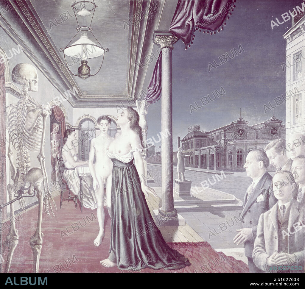 Street scene - Skeletons by Paul Delvaux, 1897-1994.