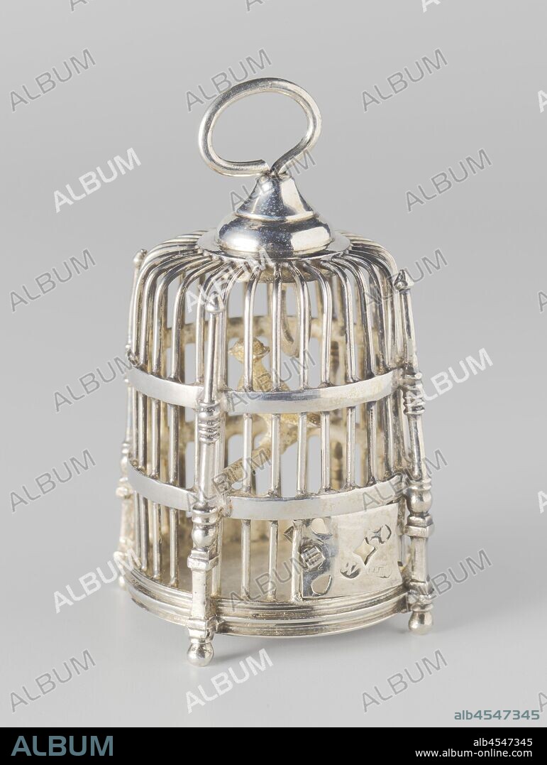 Birdcage, Cylindrical birdcage with support ring. Two smooth horizontal bands run around the cage, to which four vertical, profiled bars are attached. These rods form the legs of the cage at the bottom and extend up to the top edge of the cage. A bird is sitting on a stick in the cage. The cage has a small door and is marked: stk. = Amsterdam, jrl. = W (1731), mt. = Pieter van Somerwil I., Pieter van Somerwil (I) (attributed to), Amsterdam, 1731, silver (metal), h 7.7 cm × d 5 cm × w 85.98 gr.