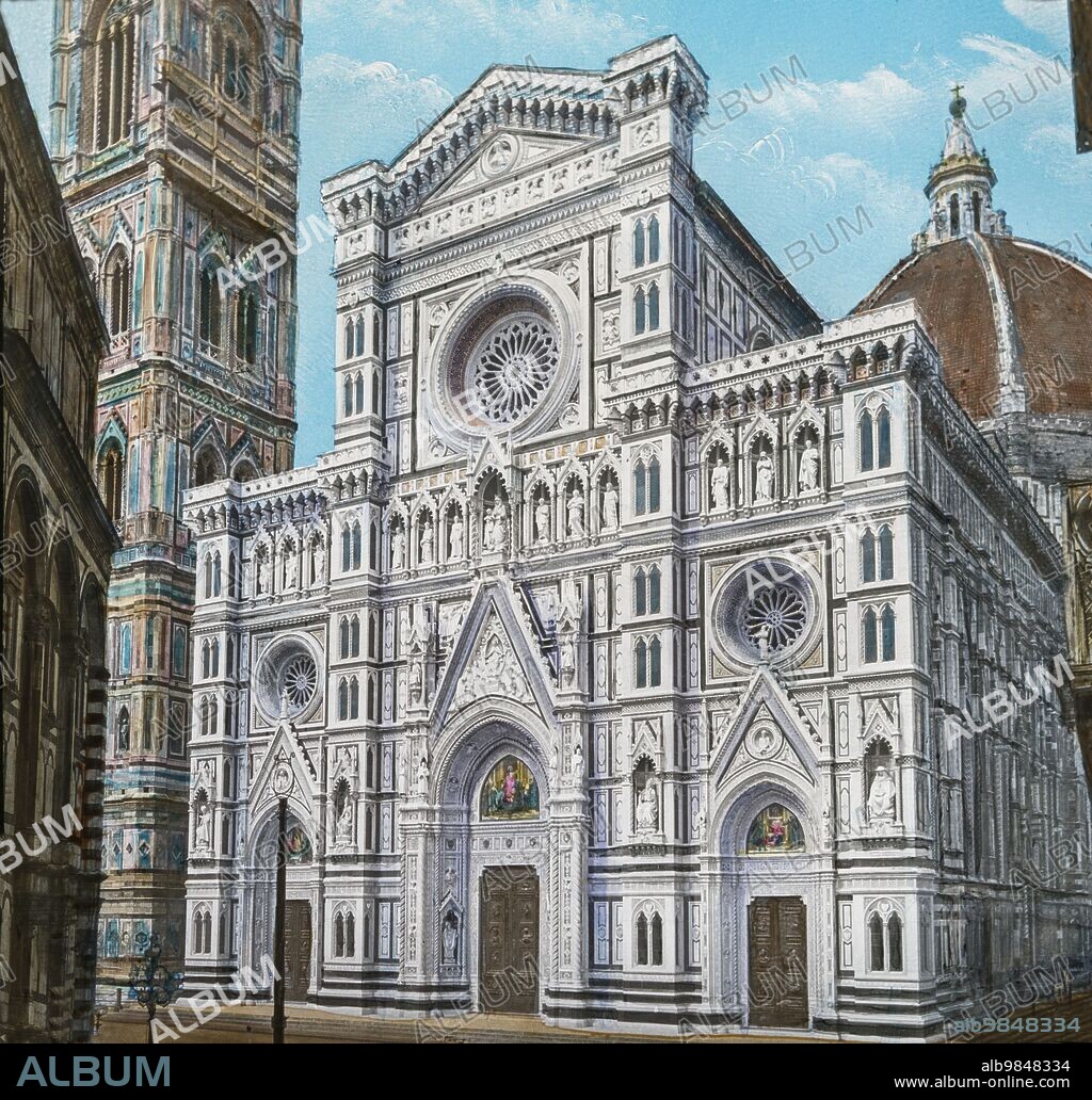 Magic Lantern Slide Circa 1900 Hand Coloured. Florence Cathedral And Giotto Tower.the Cattedrale Di Santa Maria Del Fiore "cathedral Of Saint Mary Of The Flower" Is The Main Church Of Florence, Italy. Il Duomo Di Firenze, As It Is Ordinarily Called, Was Begun In 1296 In The Gothic Style With The Design Of Arnolfo Di Cambio And Completed Structurally In 1436 With The Dome Engineered By Filippo Brunelleschi.[1] The Exterior Of The Basilica Is Faced With Polychrome Marble Panels In Various Shades Of Green And Pink Bordered By White And Has An Elaborate 19th-Century Gothic Revival FaÃƒÂ§ade By Emilio De Fabris.