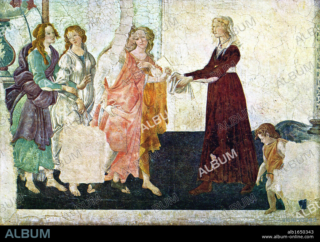 Sandro Botticelli (c. 1445 - 1510) Italian painter of the Florentine school during the Early Renaissance, ' 'Venus and the three graces presenting gifts to a young woman' 1483-85.