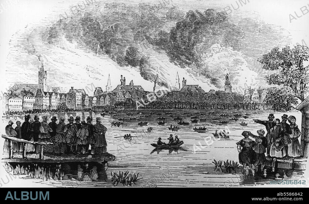 Hamburg. Der große Brand von Hamburg, 5.-8. Mai 1842: Blick über die Binnenalster auf das brennende Hamburg. Holzstich, unbez. Aus: Illustrated London News, 14. Mai 1842.