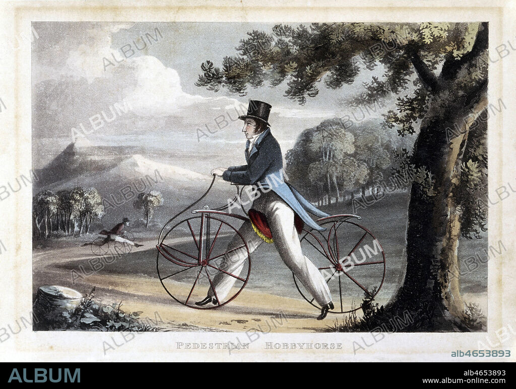Draisienne (inventee en 1818 par Karl Von drais en Allemagne), modernisee par Denis Johnson, inventeur anglais en 1819. Illustration anonyme pour une lithographie de 1819. Credit : Collection SSPL/KHARBINE-TAPABOR.