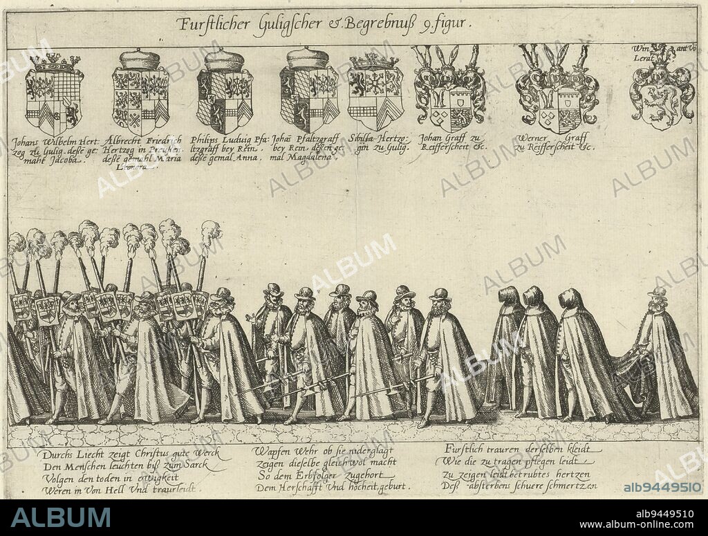 Funeral procession with torchbearers, halberdiers and three hooded figures. Above the scene several coats of arms. Print from the series of fourteen prints depicting the funeral of William II, Duke of Gelre, Funeral procession with torchbearers and halberdiers Funeral of William II, Duke of Gelre (series title) Spiegel der vergenchlichkeit (series title), print maker: Frans Hogenberg, (rejected attribution), print maker: anonymous, 1592, paper, etching, h 180 mm × w 265 mm.