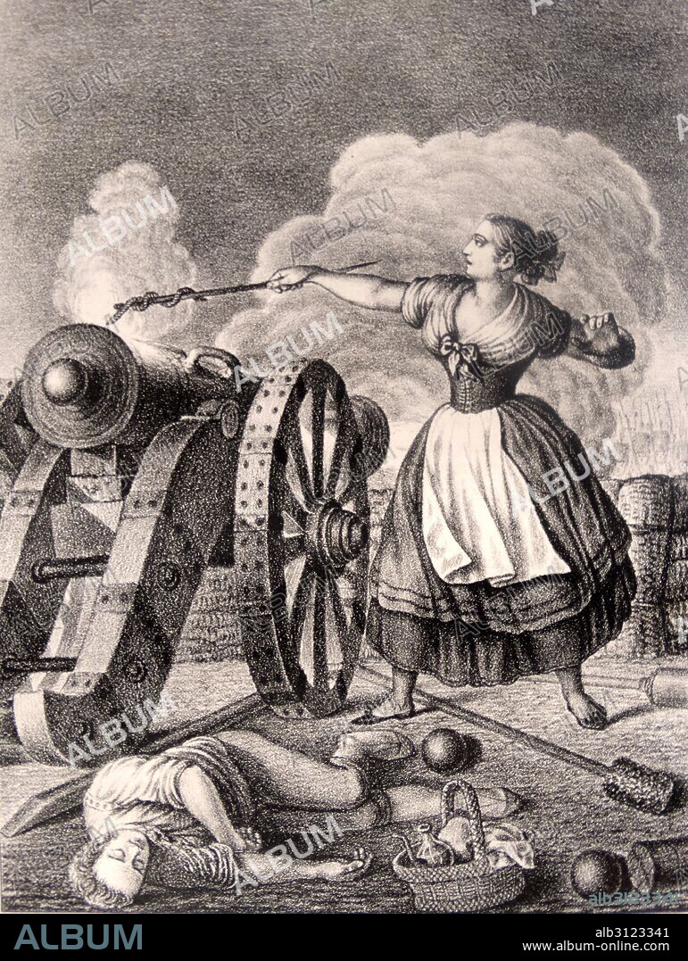 Engraving depicting Agustina Raimunda Maria Saragossa i Domènech (1786-1857) Spanish heroine who defended Spain during the Spanish War of Independence, first as a civilian and later as a professional officer in the Spanish Army. Known as "the Spanish Joan of Arc" firing a cannon. Dated 19th Century.