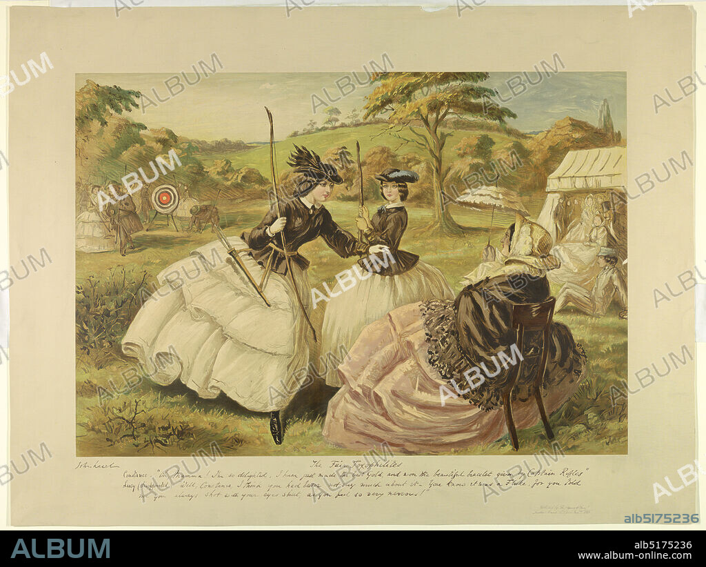The Fair Toxophilites (Proof), John Leech, English, 1817 - 1864, Thomas Agnew and Sons Ltd., English, founded 1835, Chromolithograph on paper, mounted on heavy paper, An archery range, target at left, tent at right. People around them. Foreground, girl with bow and arrows runs to a seated older woman, while another girl looks on. Title and dialogue, artists' and publisher's names and date below., London, England, Paris, France, 1865, Chromolithograph, Chromolithograph.