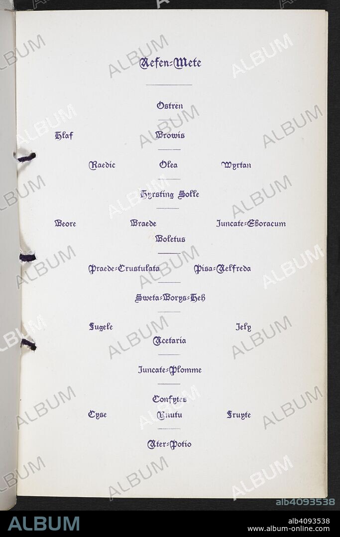 Menu for an event, King Alfred millenary banquet at Delmonico's, 28th October, 1901. A collection of menu cards of dinners and reports of celebrations in the United States of America in the years 1890-1904, formed by Miss F. E. Buttolph. Bound in three volumes. 1890-1904. See also file B20086-52. Source: C.120.f.2 volume 1, no.8.