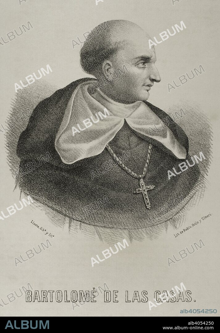 Bartolomé de las Casas (Sevilla, 1474-Madrid, 1566). Encomendero español, fraile dominico, cronista, obispo de Chiapas. Principal defensor de los indígenas y autor de "Brevísima relación de la Destrucción de las Indias". Dibujo por Llanta. Litografía. Retrato. Crónica General de España, Historia Ilustrada y Descriptiva de sus Provincias. Andalucía, 1867. Biblioteca Histórico Militar de Barcelna, Cataluña, España.