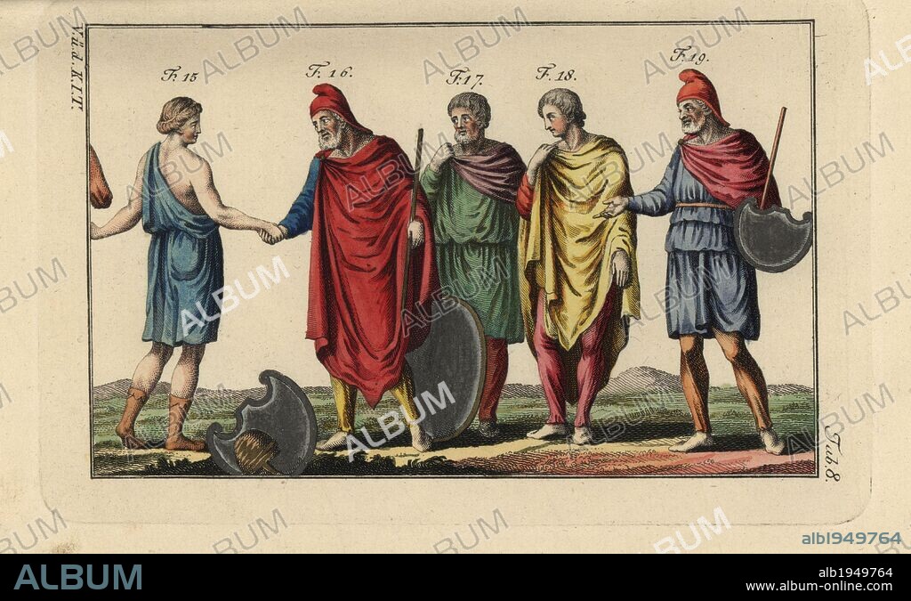 Queen of the Amazons, King Priamus, and Phrygian warriors wearing the chlamis (military cloak). Handcolored copperplate engraving from Robert von Spalart's "Historical Picture of the Costumes of the Principal People of Antiquity and of the Middle Ages" (1796).