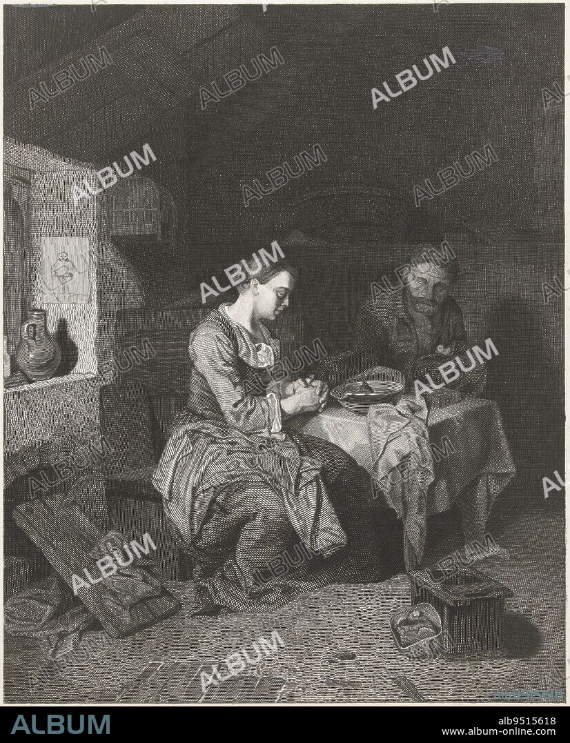 Prayer before the meal, Friedrich Wilhelm Burmeister, after Cornelis Pietersz. Bega, 1855 - 1915, Interior of a poor peasant household. An old man and a young woman are sitting at the table. Both have their eyes closed and hands folded in prayer. On the table is a large plate of soup or porridge, a hunk of bread and some butter. The room is disorderly. On the floor are a broken bench and a broken fire pot. On the windowsill a jug and a print of a monkey., print maker: Friedrich Wilhelm Burmeister, after: Cornelis Pietersz. Bega, 1855 - 1915, paper, engraving, h 436 mm × w 338 mm.