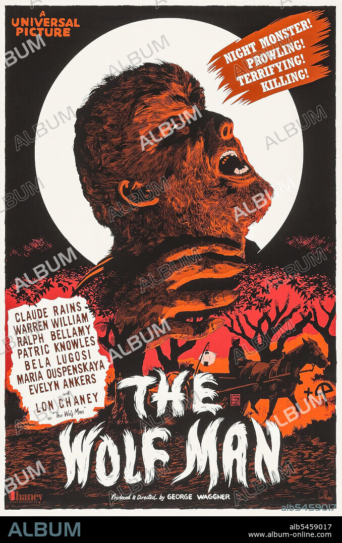 Poster of THE WOLF MAN, 1941, directed by GEORGE WAGGNER. Copyright UNIVERSAL PICTURES.
