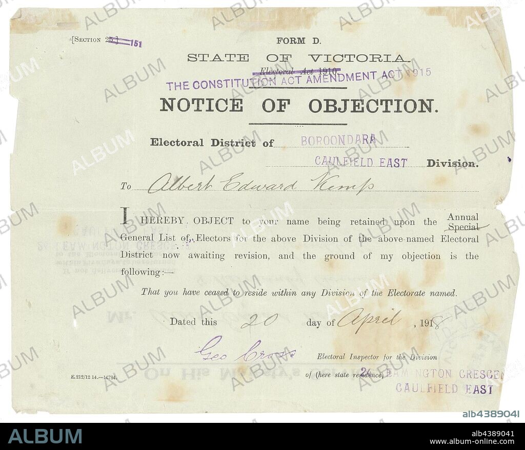 Form - Notice of Objection to Deceased Soldier Being on Electoral Roll, State of Victoria, 1918, Letter addressed to Albert Edward Kemp, who was killed in action in World War I in 1917. The letter was sent months after his death, and objects to his name being kept on the electoral roll since he has 'ceased to reside within any Division of the Electorate named'. Albert Edward Kemp was a 32-year-old butcher living in Caulfield and married to Annie Josephine, when he enlisted. He and Annie had.