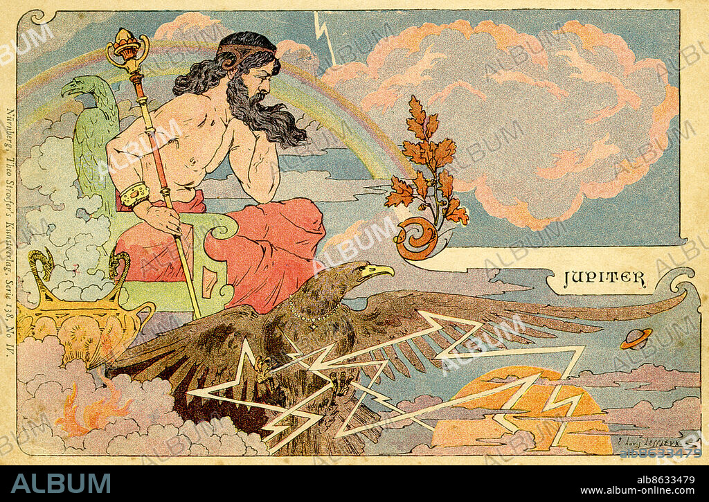 Jupiter chief deity and king of the gods in Ancient Roman religion and mythology - the god of sky and thunder and lightening. Illustration by Ernest Louis Lessieux 1848 - 1925.