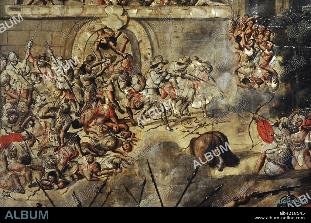 Título: Conquista de México. Autor: Anónimo. Tabla. Pintura al óleo, nácar. Técnica: Enconchado. Forma parte de 6 tablas. Destaca la escena inferior en que los indios hacen prisionero a Cortés, que es rescatado por Cristóbal de Olea junto a otros españoles y Tlaxcaltecas. Detalle. 1766-1700. Escuela Mexicana. Virreinato de la Nueva España. México. América del Norte. Museo de América. Madrid. España.