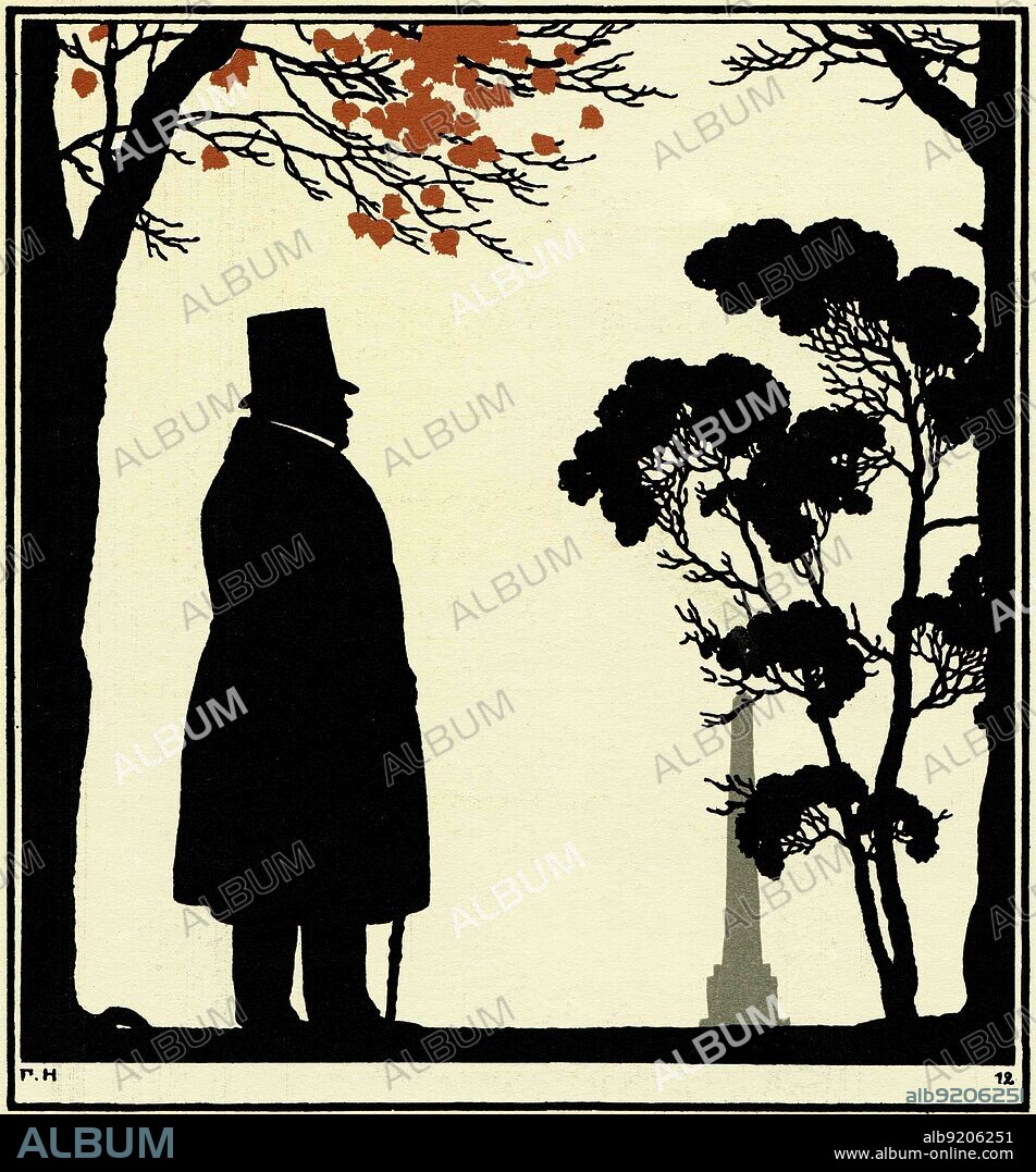 Silhouette of the poet Ivan Krylov, walking in the park, illustration Yegor Narbut, the book Fables by Ivan Krylov, publisher Joseph Knebel, Moscow, Russia, 1912.
