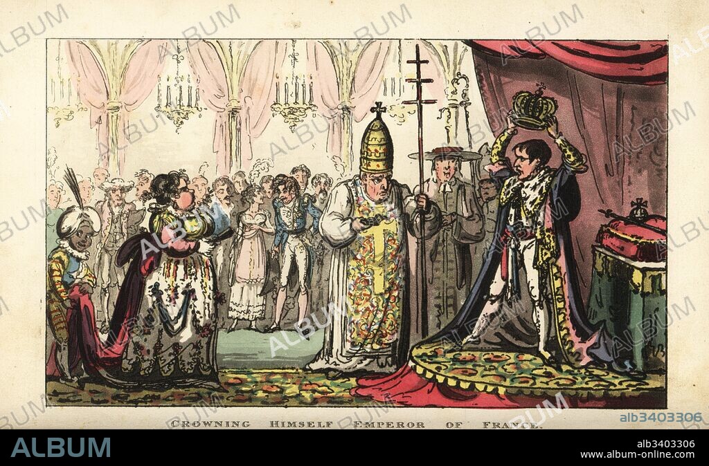 Napoleon Bonaparte crowning himself Emperor of France at Notre Dame, 1804. Handcoloured copperplate engraving by George Cruikshank from The Life of Napoleon a Hudibrastic Poem by Doctor Syntax, T. Tegg, London, 1815.