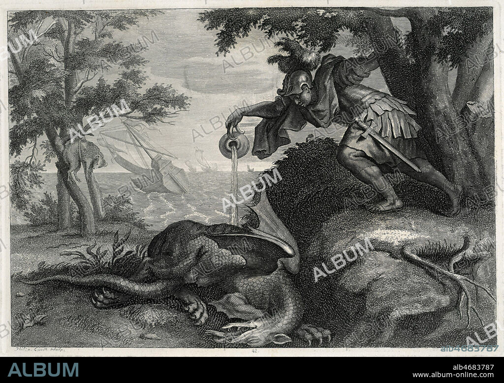Mythologie.Jason et la Toison d'or. Jason endort le dragon avec un philtre magique pour pouvoir s'emparer de la Toison d'Or. Gravure 18eme siecle. Credit : Collection Kharbine Tapabor.