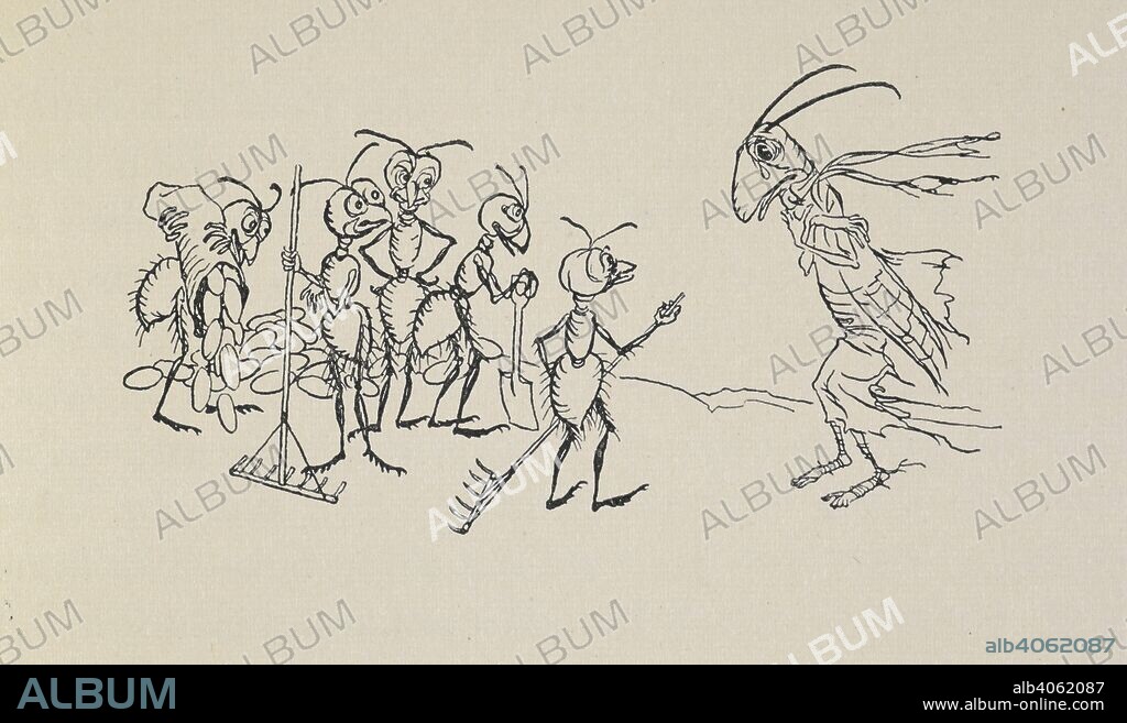 ESOPE et ARTHUR RACKHAM. The grasshopper and the ants. Aesop's Fables. A new translation by V. S. Vernon Jones. With an introduction by G. K. Chesterton, and illustrations by Arthur Rackham. London : William Heinemann ; New York : Doubleday, Page & Co., 1912. Source: 12304.dd.30, page 125.