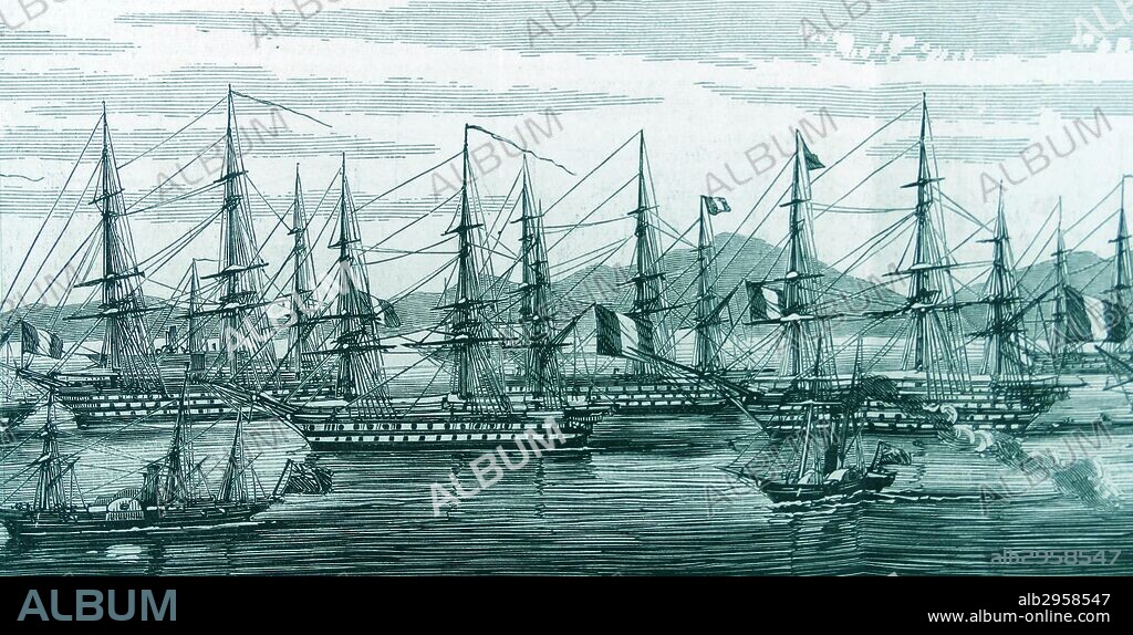 Illustration depicting the meeting of the French and English fleets in the Bay of Biscay during The Biscay campaign of June 1795. Dated 1820.