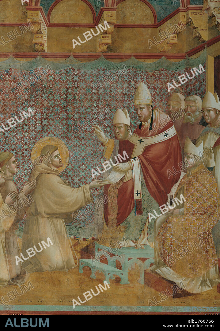 The Confirmation of the Rule, by Giotto, 1297-1299, 13th Century, fresco, cm 270 x 230. Italy, Umbria, Perugia, Assisi, Upper Basilica of San Francesco, nave. Detail. St Francis Saint Pontiff Pope Innocent III liturgical garments vestments throne prelates clerics priests friars monks confraternity members brothers delivery giving mandate document approval permission consent permission miter ceiling brackets consoles curtains curtain drapery decoration colors.