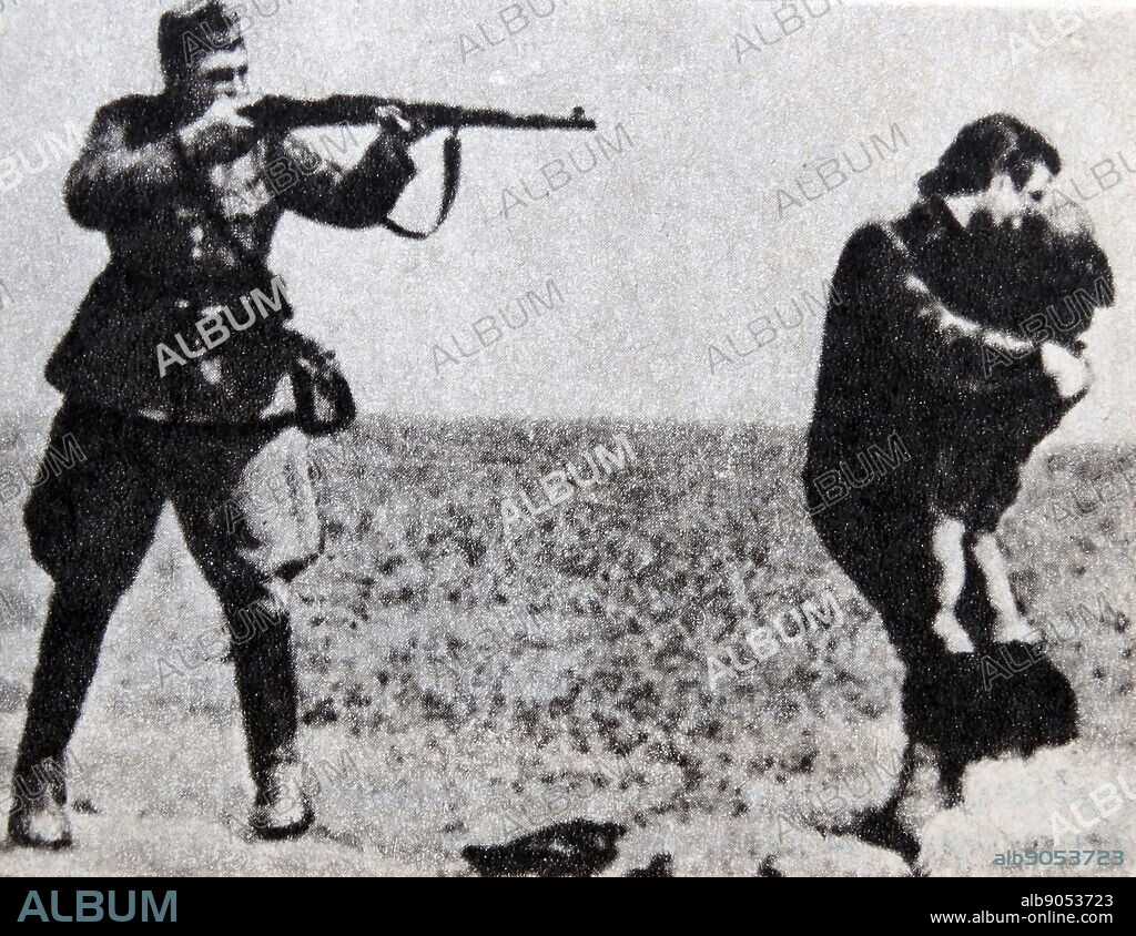 The Ivanhorod Einsatzgruppen photograph is an image of the Holocaust, showing a soldier aiming a rifle at a woman who is trying to shield a child with her body. It depicts the murder of Jews by an Einsatzgruppen death squad near Ivanhorod, Ukraine, in 1942.