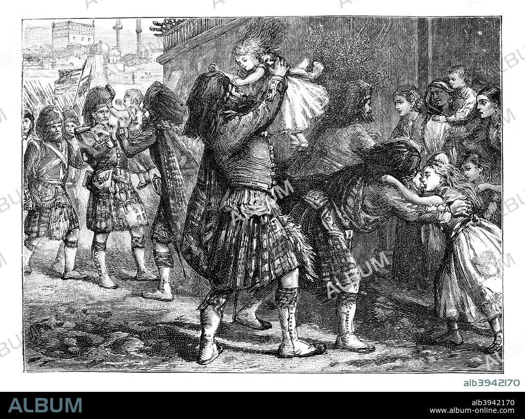 The first relief of Lucknow during the Indian Mutiny, 25 September 1857, (1888). Soldiers of a Highland Regiment entering the city. The siege of Lucknow was one of the major engagements of the uprising against British rule in India which began in 1857. The mutiny had many underlying causes, but was sparked by the introduction of cartridges which were greased with animal fat. This outraged both Muslim and Hindu soldiers (sepoys), who made up the majority of the Indian army at the time. Although the mutiny was defeated in 1859, it led to the administration of India passing from the East India Company to the Crown. Lucknow itself was besieged by mutineers for 87 days from the outbreak of the mutiny until a column commanded by General Sir Henry Havelock broke through in September 1857. Havelock's force was insufficient to break the siege however, and Lucknow was once again surrounded until finally relieved by another, larger force led by General Sir Colin Campbell on 25 November 1857. Illustration from The Life & Times of Queen Victoria, Vol II, by Robert Wilson, (1888).
