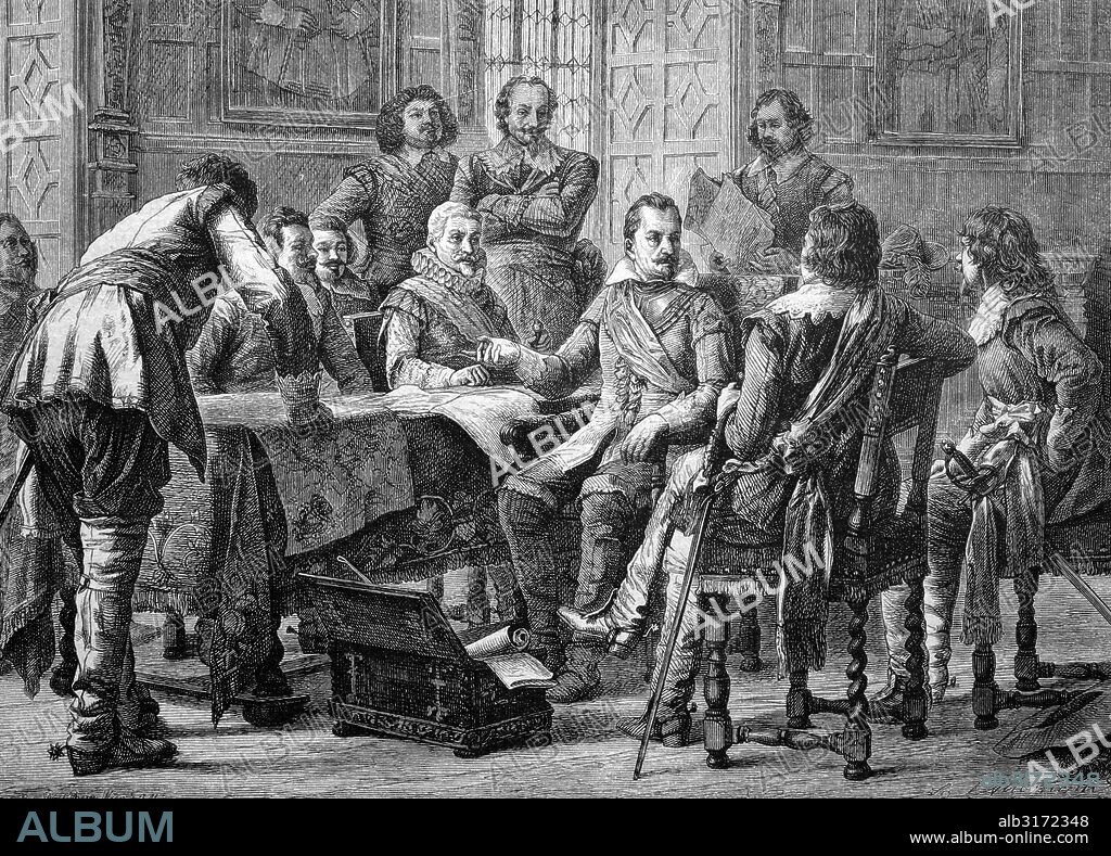 Albrecht wenzel eusebius von waldstein or wallenstein (1583-1634) and johann t'serclaes von tilly (1559-1632) holding council, historical illustration, circa 1886.