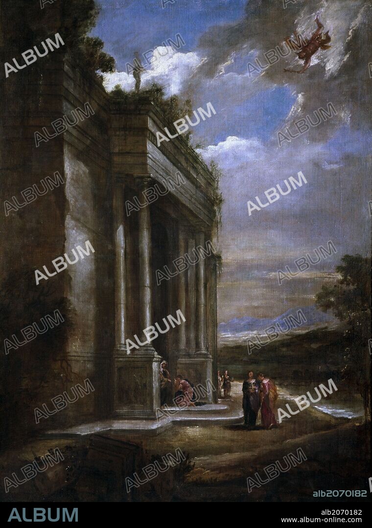 JUAN BAUTISTA MARTÍNEZ DEL MAZO. Juan Bautista Martínez del Mazo / 'Paisaje con Mercurio y Herse', Hacia 1660, Escuela Española, Óleo sobre Lienzo, 148 cm x 111 cm, P01217.