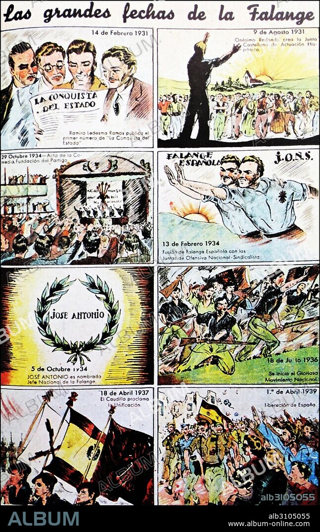 Cartoon series depicting key dates of the rise of the Falange in Spain, 1939. The Falange was a political organization founded by José Antonio Primo de Rivera in 1933, during the Second Spanish Republic. Primo de Rivera was the son of General Miguel Primo de Rivera, who governed Spain as Prime Minister in the 1920s.